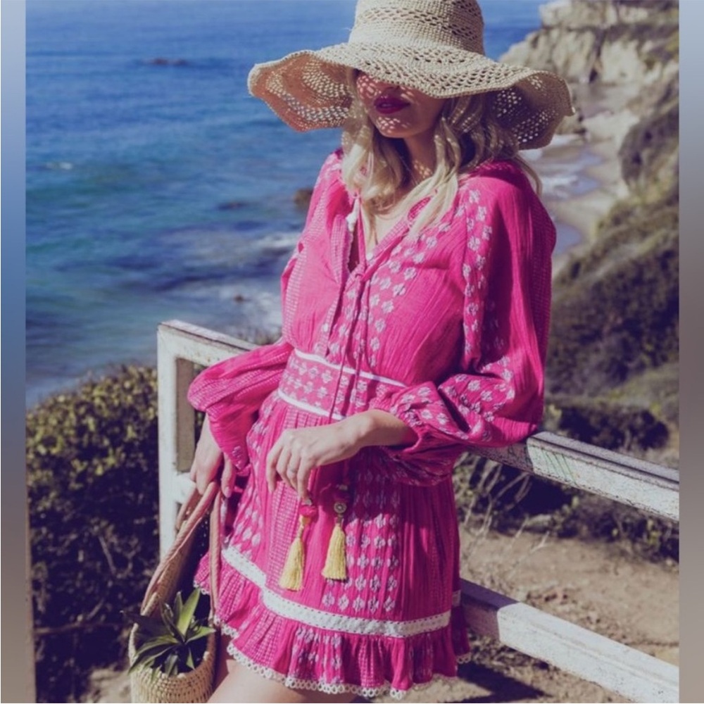 Bell Dress Alicia Bell Pink White Embroidered Tassel Dress Coverup SZ Med Boho